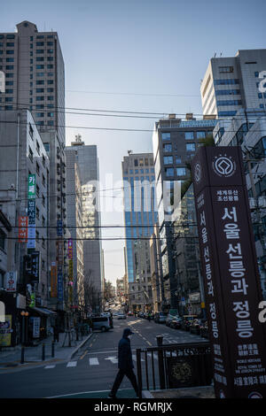 SEOUL, Südkorea - Dezember, 2018: Die Menschen wandern in die Walking Street der Myeong-dong Shopping und Entertainment Viertel in der Nacht Stockfoto