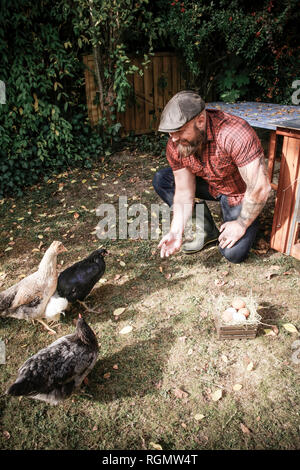 Mann in seinem eigenen Garten, mann Fütterung freie Hühner Stockfoto