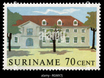 Briefmarke, die aus Suriname in die historischen Gebäude in der Serie 1961 Stockfoto