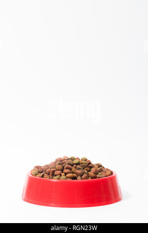 Rot Schüssel mit trockenem Futter für Katzen oder Hunde auf weißem Hintergrund mit Platz für Text Stockfoto