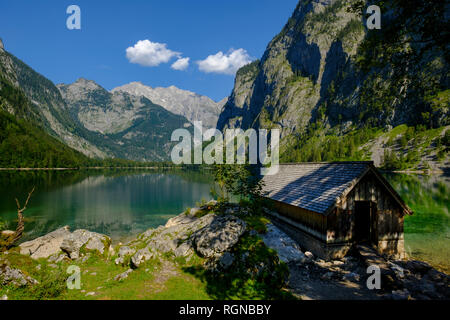 Deutschland, Bayern, Oberbayern, Berchtesgadener Alpen, Nationalpark Berchtesgaden, Salet, Fischunkelalm am Obersee, Bootshaus Stockfoto