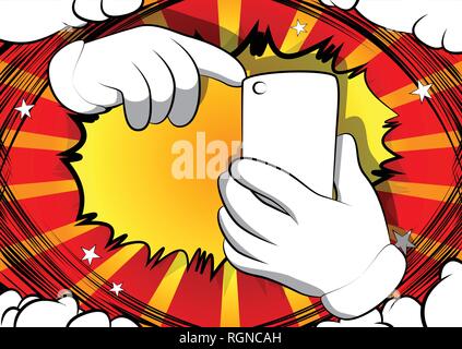 Vektor cartoon Hände über ein Mobiltelefon. Illustrierte hand Ausdruck, Geste auf Comic Hintergrund. Stock Vektor
