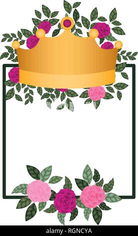 Rahmen mit Blumen und Krone isolierte Symbol Stock Vektor
