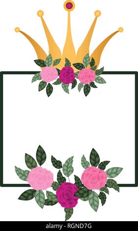 Rahmen mit Blumen und Krone isolierte Symbol Stock Vektor