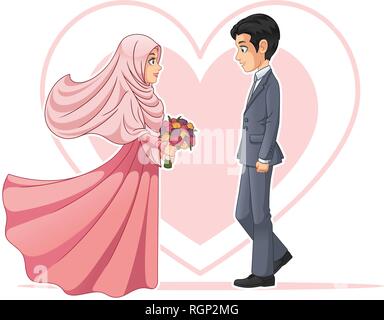 Muslimischen Braut und Bräutigam an jedem anderen Cartoon Character Design suchen, auf weißem Hintergrund, vector clip art Illustration. Stock Vektor