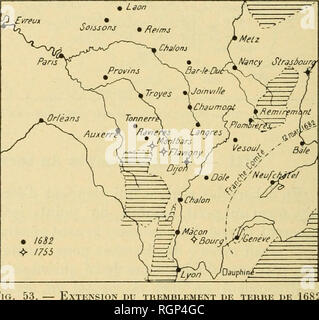 . Bulletin de la SociÃ©tÃ© gÃ©ologique de France. Geologie. Abb. 52. Â Erweiterung Le tremblement de tehhe DE 158 (1, d'origine Belge. 2 Mai. Â GenÃ¨ve. 7 Mai. Â Nouvelle secousse (Pas de Dekor Schwänze sur sa rÃ©-Partition). 12 Mai. Â BÃ le, NeufchÃ¢ tel, toute la Suisse. 13 Mai. - Maximale d'extension (voir la carte Abb.;. 53). 1 Mai. - Lyon. 1756. "Le tremblement de Terre de 18 fÃ©vrier. Abb. â Erweiterung Le tremblement de Terre de 1682, d'origine Alpine. 1756 s'est Ã©tendu à une grande Partie du Nord de la France, La Belgique, de la Hollande, de l'Allemagne, de l'Angleterre, Il a Ã©tÃ© ressenti en q Stockfoto