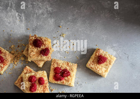 In Scheiben geschnittene hausgemachte Kuchen mit gefrorenen Himbeeren oben auf dem dunklen Hintergrund, horizontal Stockfoto