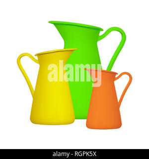 Storage für Flüssigkeiten - Grün Orange und gelbe Kanne ewer auf einem weißen Hintergrund. Isoliert Stockfoto
