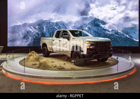 DETROIT, MI/USA - Januar 14, 2019: 2019 Chevy Silverado Z 71 Trail Boss Lkw auf der North American International Auto Show (NAIAS). Stockfoto