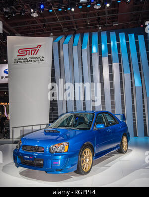 DETROIT, MI/USA - Januar 14, 2019: Ein 2006 Subaru Impreza WRX STi Auto auf der North American International Auto Show (NAIAS). Stockfoto