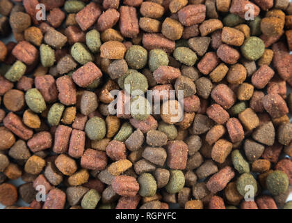 Nahaufnahme der inländischen trocken Futter für Katzen oder Hunde. Stapel der knusprige Snacks für Haustiere Stockfoto