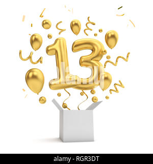 Glücklich 13. Geburtstag gold Überraschung Ballon und Box. 3D-Rendering Stockfoto