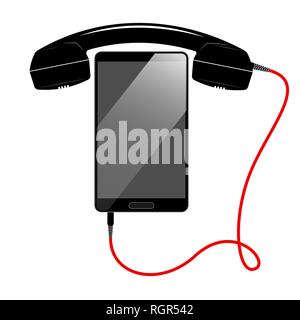 Moderne Smartphones und vintage Mobilteil auf die Kabel. Zeichen oder Symbol für Kontakte, die auf der Website oder technischen Support Stock Vektor