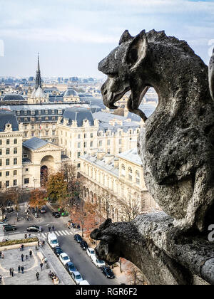 Eine der berühmten chimera Statuen der Kathedrale Notre-Dame de Paris, die Stadt der Türme Galerie. Stockfoto