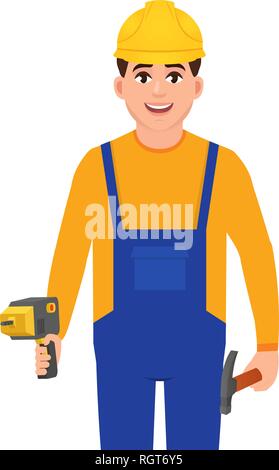 Happy Builder holding Bohrer und Hammer, Mann in Uniform, Charakter im flachen Stil Stock Vektor