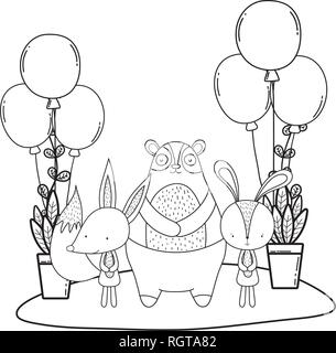 Cute bear Hase und Fuchs mit Ballons Helium in der Landschaft Stock Vektor