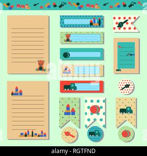 Süßes baby Karten, Notizen, Aufkleber, Etiketten, Tags mit Illustrationen Teddybär und Spielzeug im Retro-Stil. Scrapbooking, Planer, Einladung, Hinweis Tagebuch v Stock Vektor