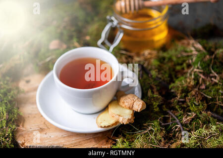 Nahaufnahme von Tasse Tee mit Zitrone, Ingwer und Honig auf Holz und Moos im Wald. Konzept der natürlichen Hustenmittel, Heilung und Behandlung. Trinken Stockfoto