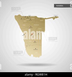 Stylized vector Namibia Karte. Infografik 3d Gold Karte Abbildung mit Städten, Ländergrenzen, Kapital, administrative divisions und Zeiger markiert, Schatten; Stock Vektor