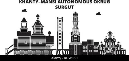 Russland, Surgut. Skyline der Stadt: Architektur, Gebäude, Straßen, Silhouette, Landschaft, Panorama. Flache Linie vektor Illustration, Entwurf. Stock Vektor