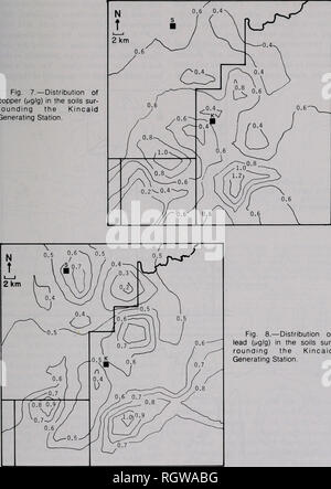 . Bulletin. Natural History; Natural History. 12.08.1981 Smith &Amp; Anderson: Trace Metals 707 Abb. 7. - Verteilung von Kupfer iiuglg) in den Böden sur - Runden die Kincaid Kraftwerk.. Abb. 8, - Verteilung von Blei {^^ glg) in den Böden sur-rounaing der Kincaid Kraftwerk. mit Hilfe der Illinois State Geological Survey "lUimap "Programmpaket, das auch die Konturlinien berechneten geplottet. Dieser Satz von Programmen wurde entwickelt, um Positionen der geologischen Merkmale auf einer Karte von Illinois oder einen Teil davon zu plotten. Illimap Programme können interpoliert zwischen Werte der relevanten Paramete Stockfoto