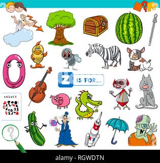 Cartoon Abbildung: Bild Suchen beginnend mit dem Buchstaben z Lernspiel Arbeitsbuch für Kinder Stock Vektor