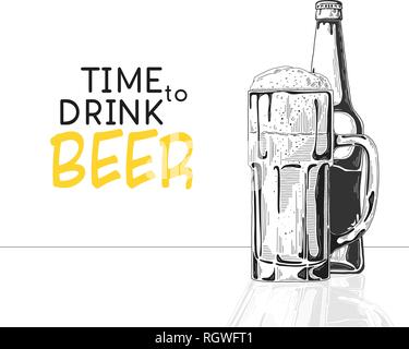 Flasche Bier. Glas mit Bier. Bildunterschrift: Zeit, Bier zu trinken. Vector Illustration einer Skizze Stil. Stock Vektor