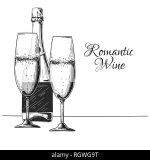 Flasche Champagner und Glas. Text romantische Wein. Vector Illustration Stock Vektor