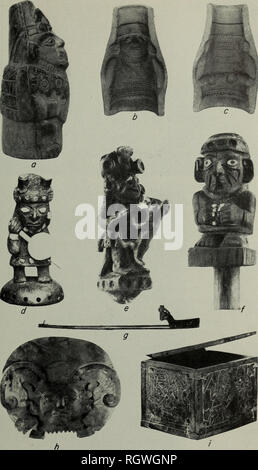 . Bulletin. Ethnologie. Platte 71.- Mochica Handwerkskunst ein Modell, Töpferei, Keramik Form verwendet; b, c, die zwei Seiten einer Form am Modell vorgenommen; d, Krieger carved in Knochen, rot mit Perlmutt Inlays; e, Kupfer, Guss, ein Krieger von einem Hund angegriffen;/, holz skulptur mit Perlmutt Inlays; g, speerschleuder gewickelt mit Gold; h, Leiter ornament getriebenes Gold; Ich, Stein, mit eingravierten Zahlen. (Mit freundlicher Genehmigung von Rafael Larco Hoyle.). Bitte beachten Sie, dass diese Bilder extrahiert werden aus der gescannten Seite Bilder, die digital für die Lesbarkeit verbessert haben mögen - Färbung und das Aussehen von THESS Stockfoto