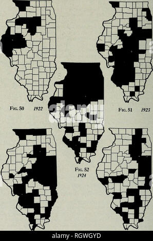 . Bulletin. Natural History; Natural History. 50 Illinois natürliche Histokv Survky Billktin. Abb. 53 192 S Abb. 54 1926 Feigen. 50-54. Quellen der Daten für Hafer lose smut, 1922-1926 Die schwarzen Bereiche ou diese Karten zeigen das Gebiet, aus dem die Daten in jedem Jahr genommen wurden. In allen. Felder mit insgesamt 7.667 Hektar wurden geprüft, die Kleinen est Flächeninhalt (723) im Jahr 1922 geprüft und die größte (2412 Hektar) im Jahr 1924. (Siehe Seite 49.). Bitte beachten Sie, dass diese Bilder aus gescannten Seite Bilder, die digital für die Lesbarkeit verbessert haben mögen - Färbung und Aussehen dieser Abbildungen extrahiert werden Stockfoto