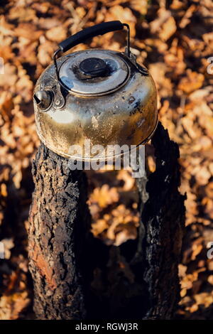 Zinn Kaffee Wasserkocher steht auf verbrachte schwedische Feuer Fackel in Wald, Laub Natur Hintergrund, sonnigen Herbsttag Stockfoto
