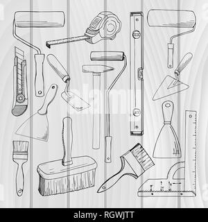 Stellen Sie Tools Malerei Gebäude. Verschiedene Werkzeuge auf weißem Hintergrund. Hand gezeichnet Vector Illustration einer Skizze Stil. Stock Vektor