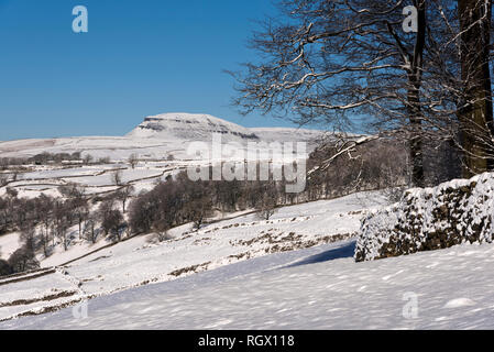 Winter Blick auf einen schneebedeckten Pen-y-Ghent Peak, scheinen aus Langcliffe, Yorkshire Dales National Park, Großbritannien Stockfoto