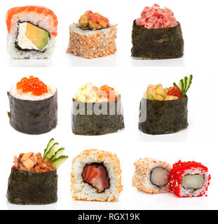 Sushi Stück Sammlung, auf weißem Hintergrund Stockfoto