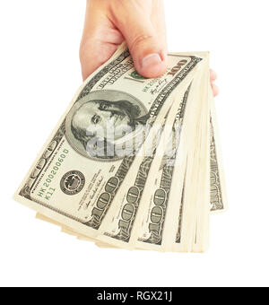 Männliche hand mit Stack von Dollar isoliert auf weißem Stockfoto