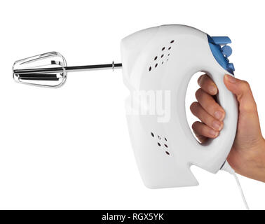 Frau Hand mit Hand Mixer auf weißem Hintergrund Stockfoto