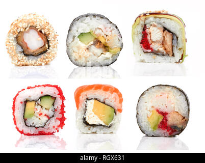 Sushi Stück Sammlung, auf weißem Hintergrund Stockfoto