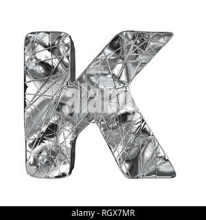 Grunge Aluminiumfolie font Buchstaben K 3D-Render Abbildung auf weißem Hintergrund Stockfoto
