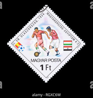 Briefmarke aus Ungarn Darstellung seiner Fußball-Nationalmannschaft gegen die anderen WM-Teams für die WM 1982 (Fußball oder Football) Stockfoto