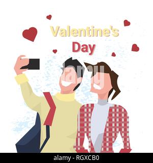 Paar unter selfie Foto happy valentines Tag Urlaub Konzept Mann Frau in Liebe mit Smartphone Kamera über Herzen formen männlich weiblich Cartoon Stock Vektor