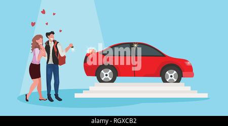 Mann, Frau, Schlüssel zum neuen Auto happy valentines day Feier Konzept Paar in Liebe über den roten Herzen Formen weiblich männlich in voller Länge Stock Vektor