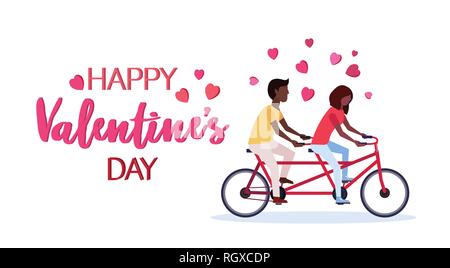 Verliebtes paar Reiten tandem Fahrrad happy valentines Tag Konzept afrikanische amerikanische Mann Frau Liebhaber Radfahren/Mountainbike Grußkarte isoliert Stock Vektor