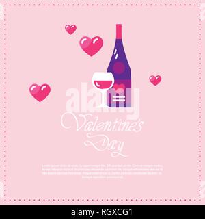 Happy Valentines Tag liebe Urlaub feier Konzept Champagner Flasche mit Brille Grußkarte Herz formen rosa Hintergrund kopieren Raum Stock Vektor