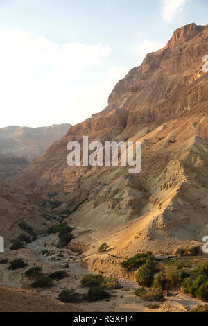 Einen schönen Sonnenuntergang Landschaft der Wüste Negev in Israel. Eine kleine Gruppe von Wanderern zu Fuß auf den Weg. Stockfoto