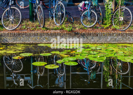 Nahaufnahme der Bikes mit Überlegungen über einen Kanal in der Stadt Delft, Niederlande Stockfoto