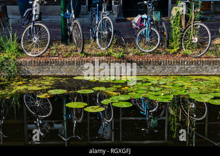 Nahaufnahme der Bikes mit Überlegungen über einen Kanal in der Stadt Delft, Niederlande Stockfoto
