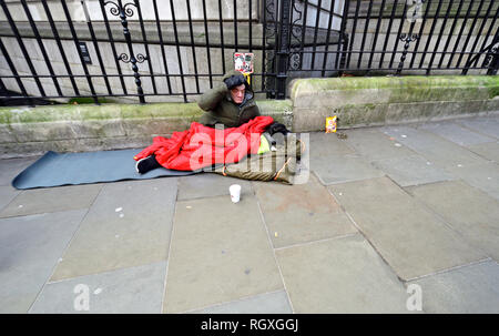 London, England, UK. Obdachlosen Mann auf der Straße, mit seinem Hund, in der Nähe des Trafalgar Square Stockfoto