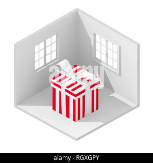 Isometrische 3D Rendering Illustration der rot gestreiften Geschenkbox mit Schleife Stockfoto