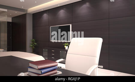 3D-Render von Hotel Zimmer Schreibtisch mit Bücher auf dem Desktop Stockfoto