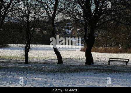 30/01/19 Edgeside Park, Waterfoot, Rossendale nach einer Nacht der Schnee fallen. Stockfoto